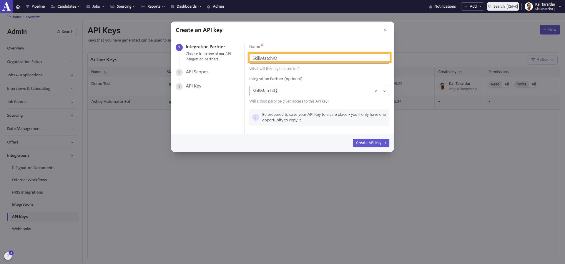Enter the API Key Name