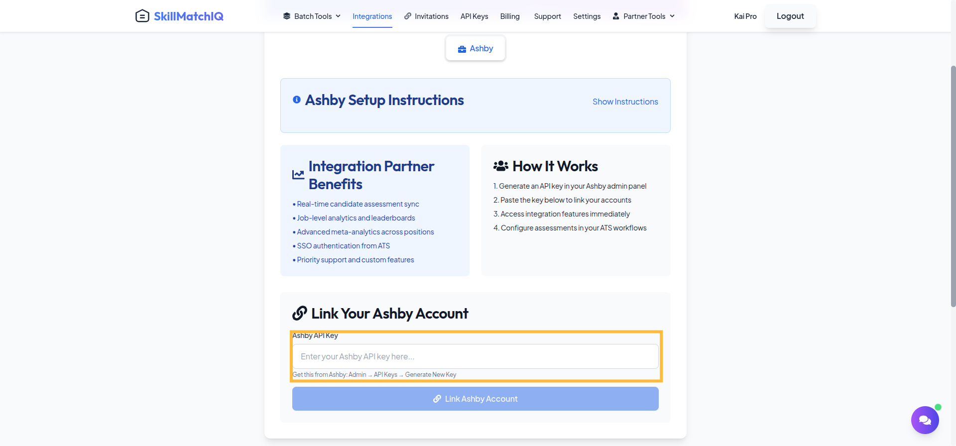 Paste API Key into SkillMatchIQ