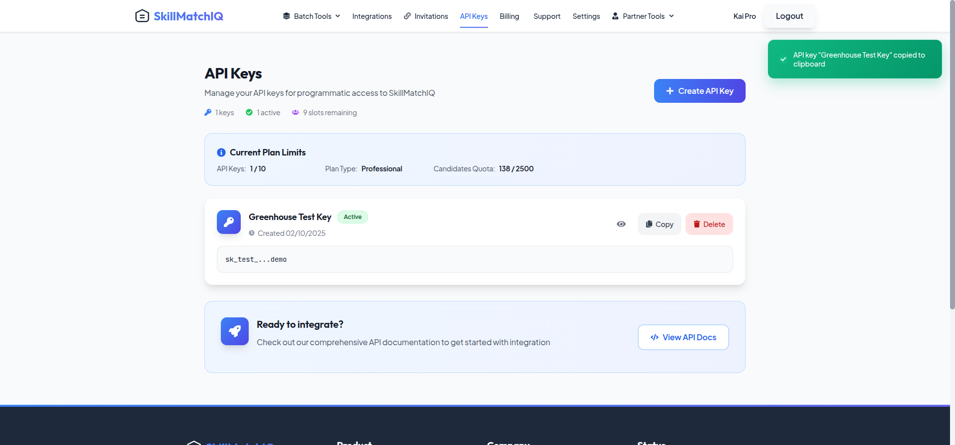 SkillMatchIQ API Keys page showing key creation