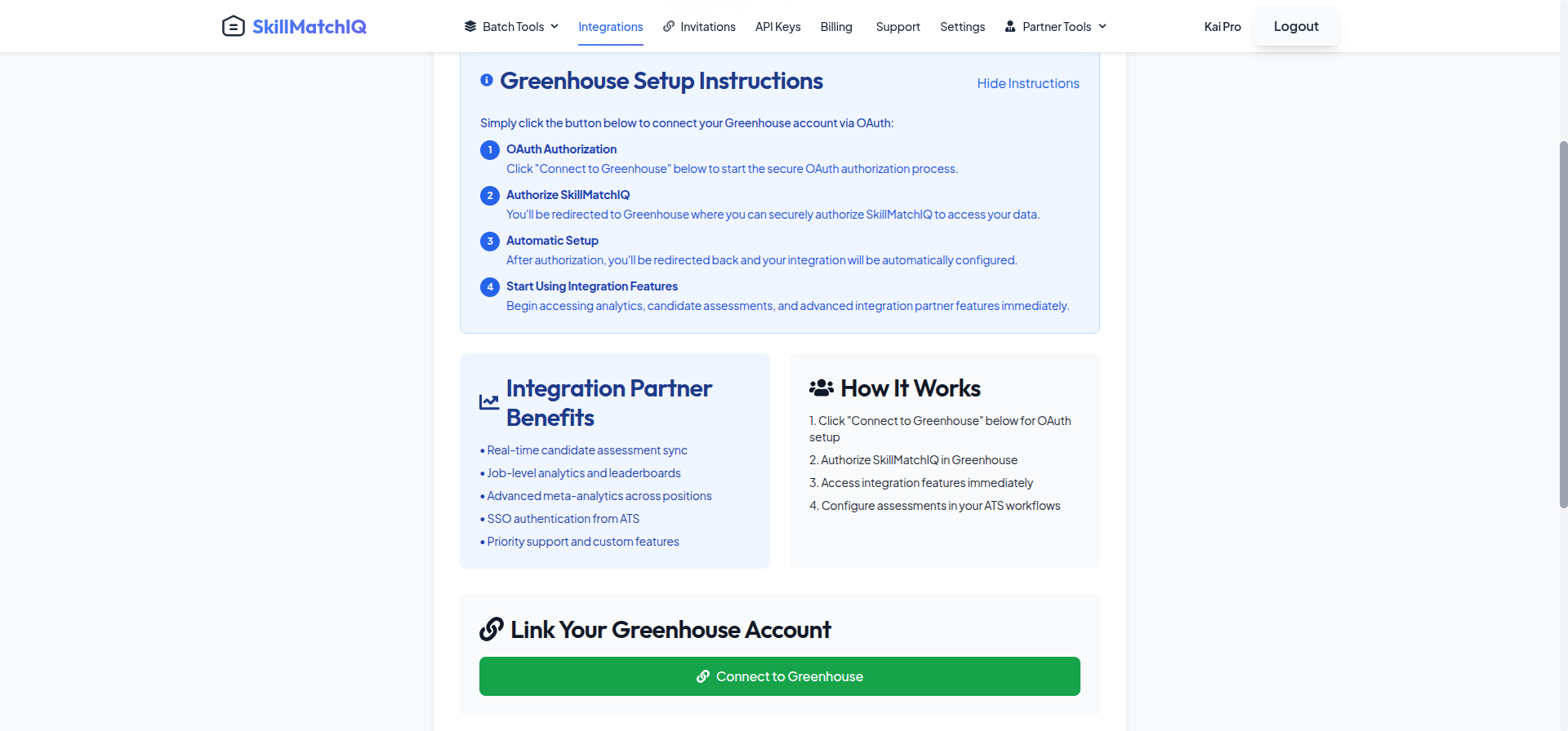 SkillMatchIQ Integrations page showing the Greenhouse connect button
