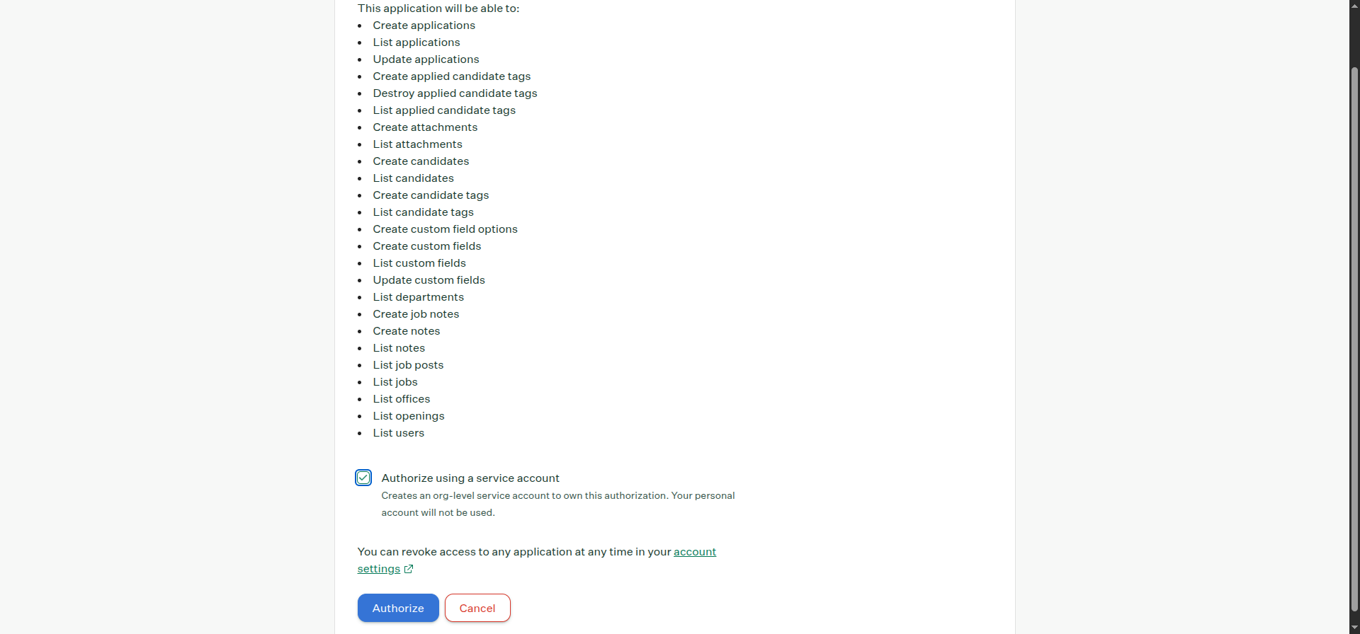 Greenhouse OAuth authorization screen showing permissions